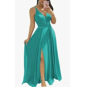 Turquoise A Line Dress with Slit Bridesmaid/Prom